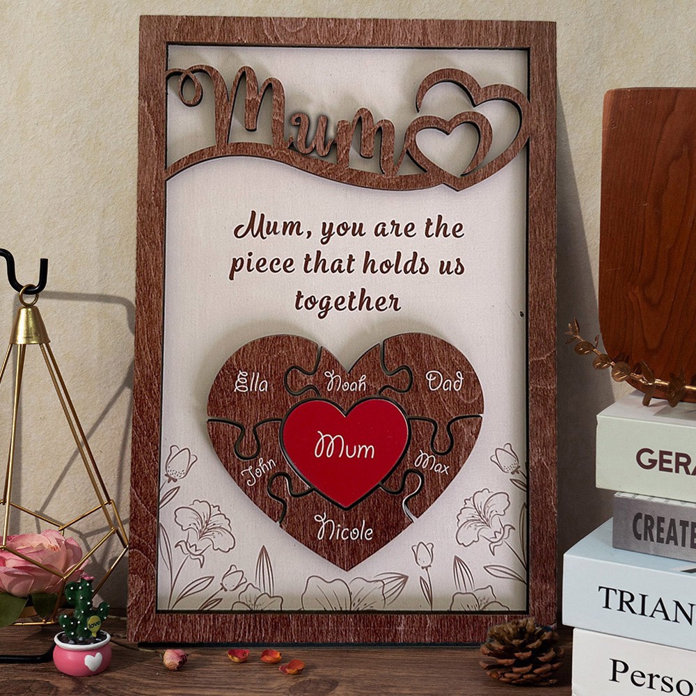 Custom Wooden Mum Puzzle Piece Sign with Kids Names Gift Ideas for Mum New Mum Gift Mother's Day Gifts
