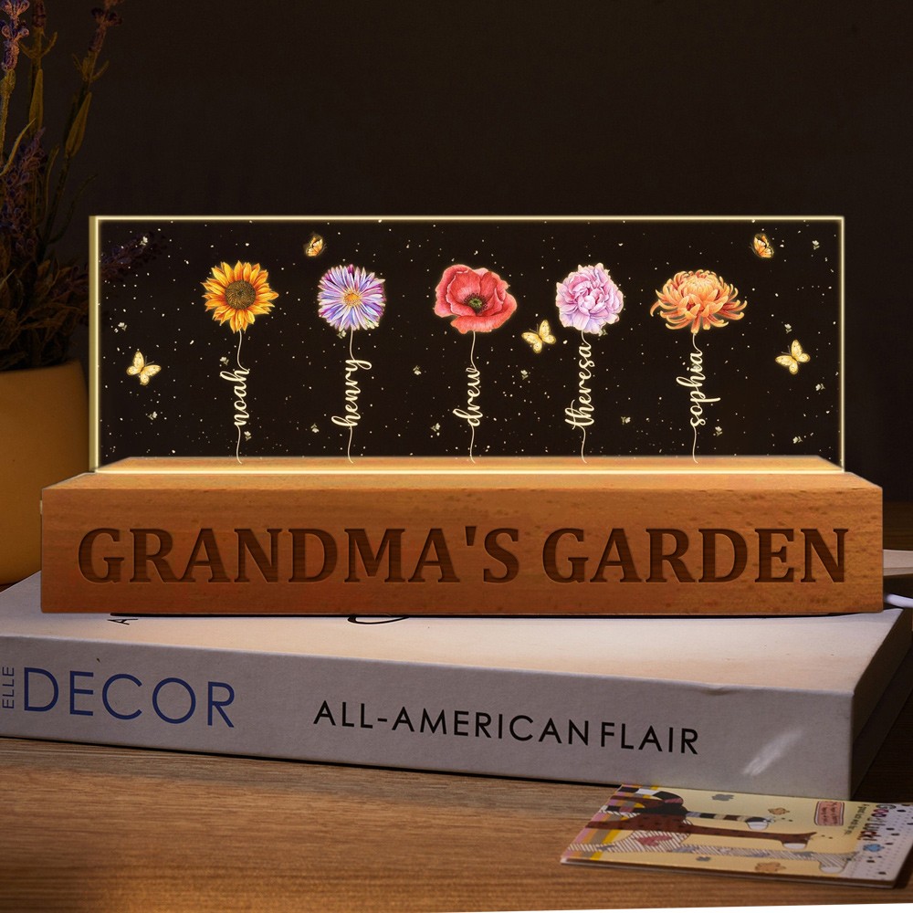 Custom Grandma's Garden Birth Flower Wood Night Light Unique Gift For Mum Grandma Christmas Gift Idea