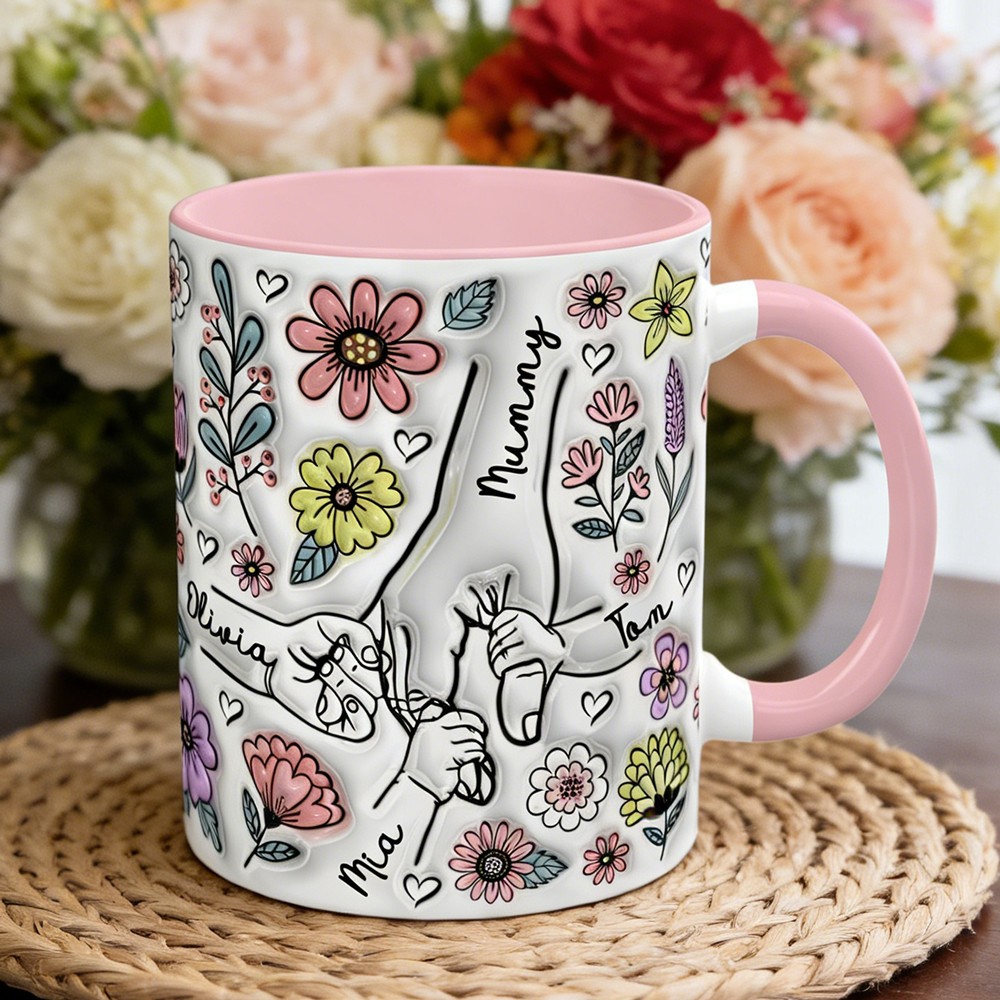 Personalised Big Hand Holding Little Hand Mug With Kids Names Custom Ceramic Coffee Cup Unique Gift For Mum Grandma Mothers Day Gift