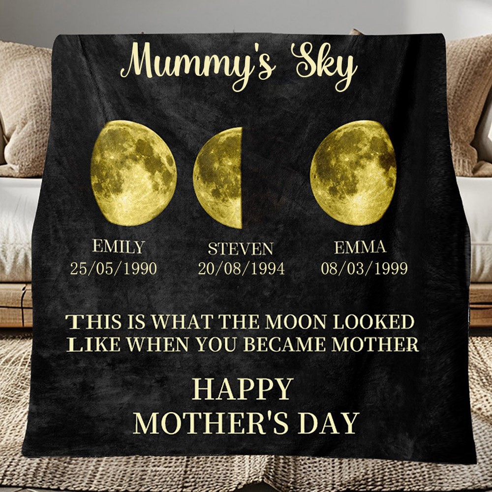 Custom Mummy's Sky Moon Phase Blanket With Kids Names Gift For Mum Unique Mother's Day Gift Ideas