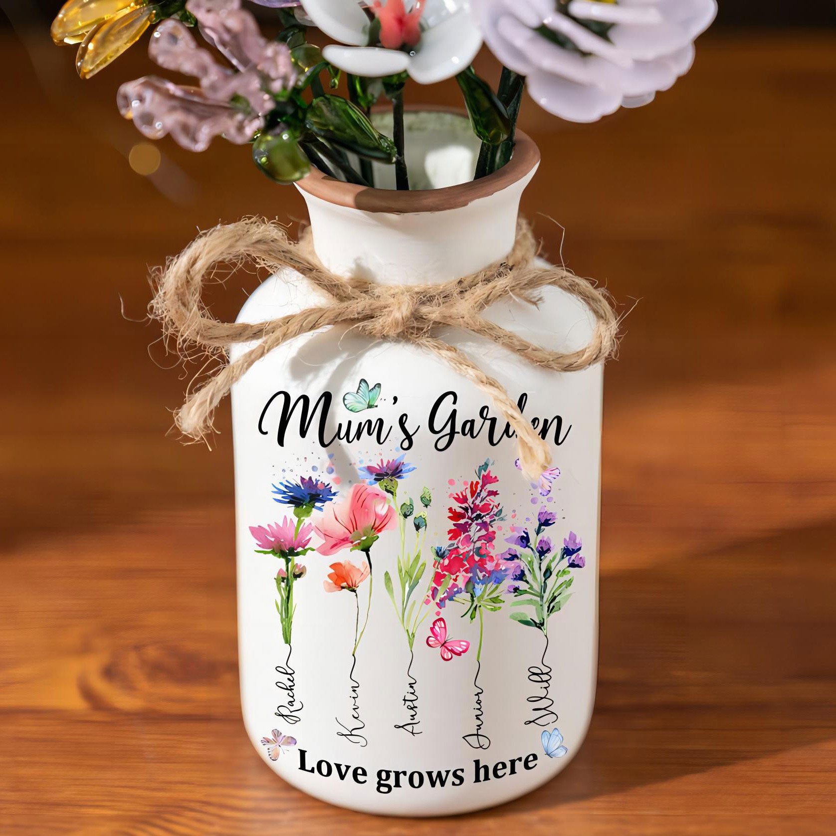 Custom Mum's Garden Birth Month Flower Vase with Kids Names Gifts for Mum Grandma Unique Mother's Day Gift