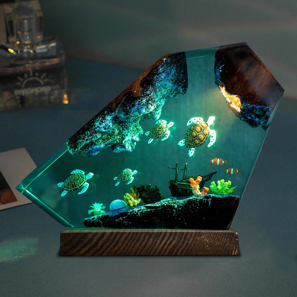 Turtles & Coral Epoxy Resin Wood Lamp Unique Night Light Christmas Gift Birthday Gifts