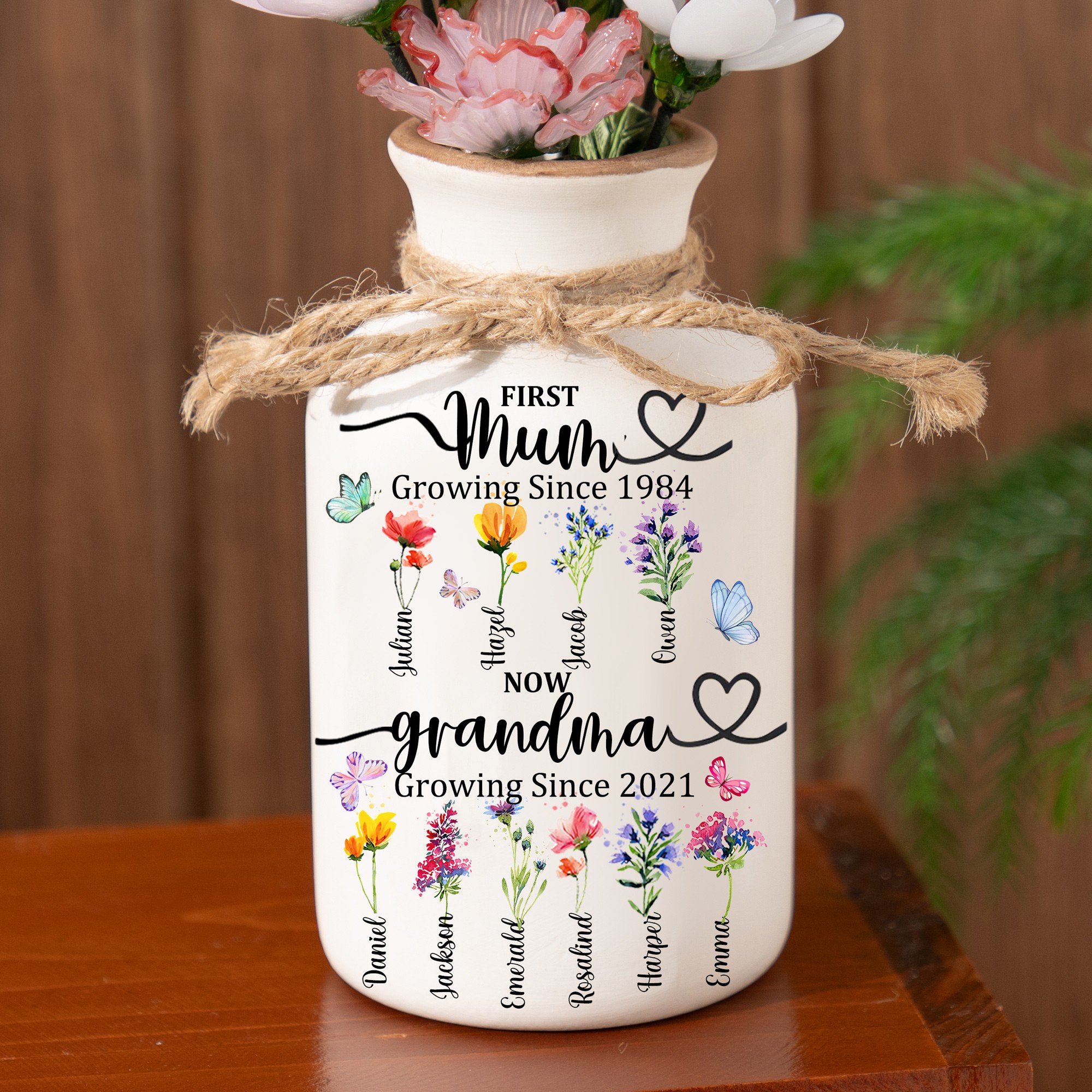 First Mum Now Grandma Birth Month Flower Vase with Kids Names Custom Gifts for Mum Grandma Mother's Day Gift