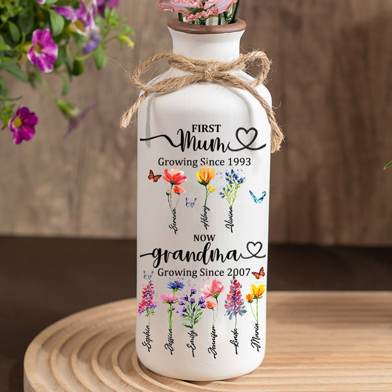 Custom First Mum Now Grandma Birth Month Flower Vase with Kids Names Gifts for Mum Grandma Mother's Day Gift