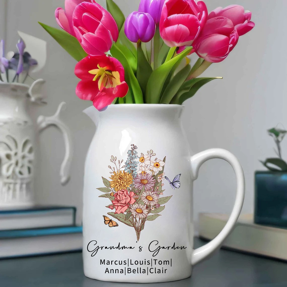 Grandma's Garden Birth Flower Bouquet Vase With Names Personalised Gift for Grandma Mum