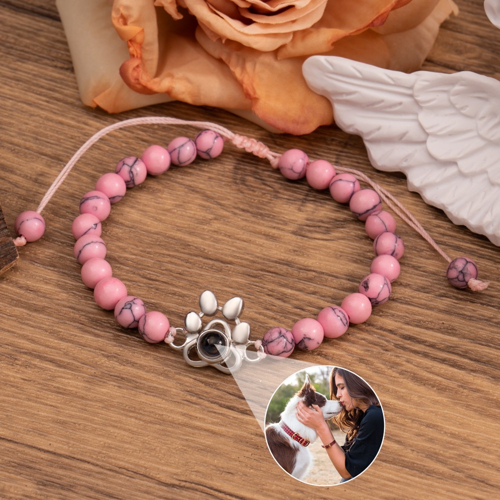 Custom Pet Paw Shaped Photo Projection Beaded Bracelet with Picture Inside Memorial Gifts For Pet Lover
