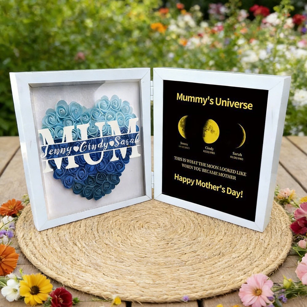 Personalised Mum Flower Shadow Box Linked with Moon Phase Frame Art Print With Kids Names Family Keepsake  for Mum Grandma Mother's Day Gift Ideas