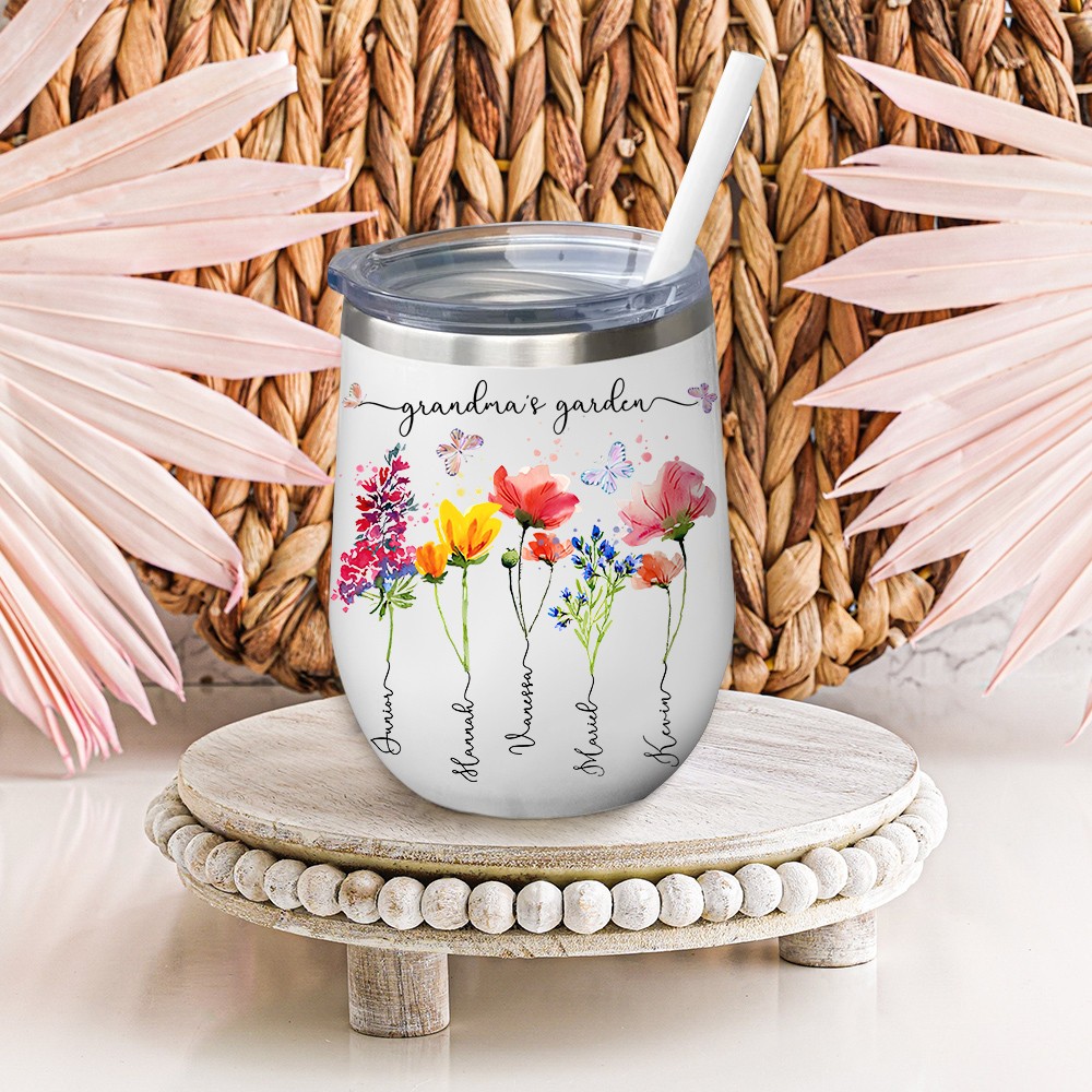 Personalised Grandma's Garden Birth Flower Wine Tumbler with Grandkids Names Mother's day Gift Ideas