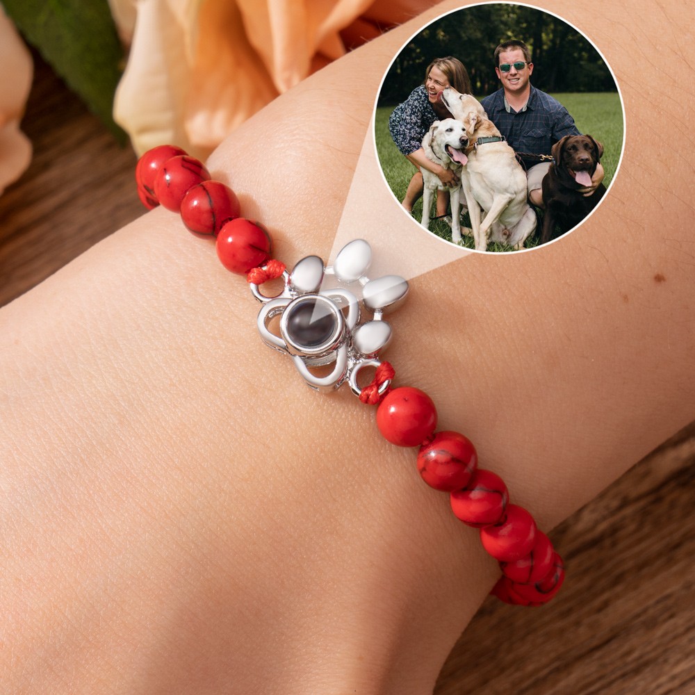 Personalised Photo Projection Pet Paw Shaped Beaded Bracelet with Picture Inside Unique Keepsake Gifts For Pet Lover