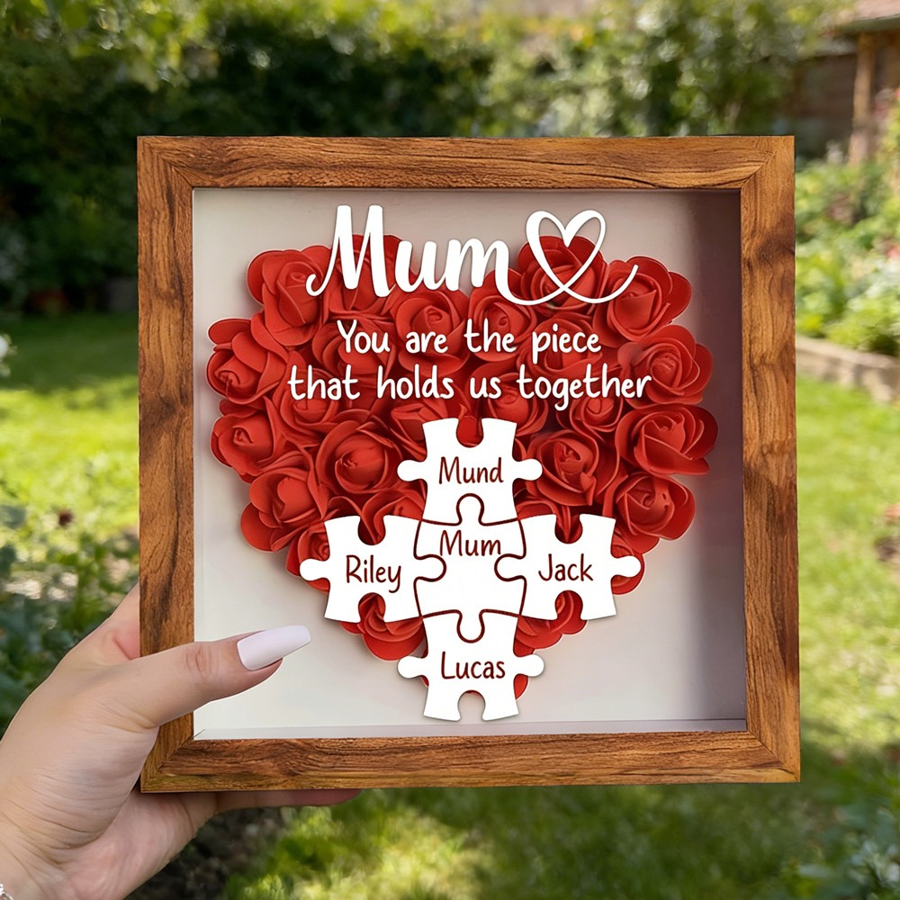 Custom Mum Puzzle With Kids Names Heart Flower Shadow Box Unique Birthday Gift For Mum Grandma Gift Mother's Day Gift