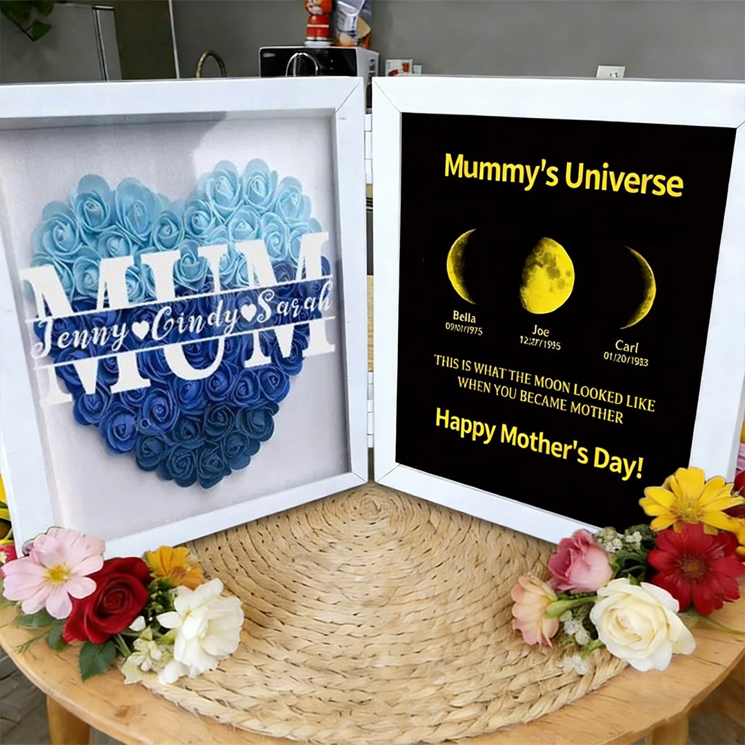 Personalised Name Flower Shadow Box with Mummy's Universe Moon Phase Frame Unique Gift for Mum Grandma Mother's Day Gifts
