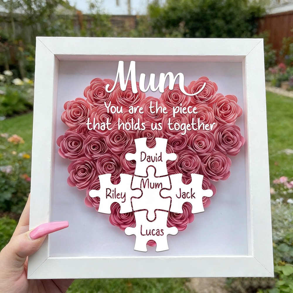 Personalised Mum Heart Flower Shadow Box With Kids Puzzle Names Unique Family Gift For Mum Grandma Mothers Day Presents