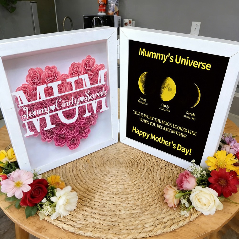 Personalised Mum Name Flower Shadow Box with Moon Phase Print Frame Keepsake Gifts for Mum Grandma Mother's Day Gift Ideas