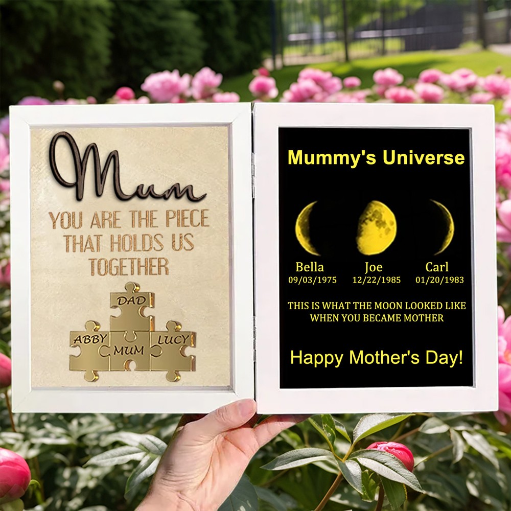 Personalised Name Puzzle Piece Sign Linked With Moon Phase Frame Unique Family Keepsake Gifts for Mum Grandma Mother's Day Present