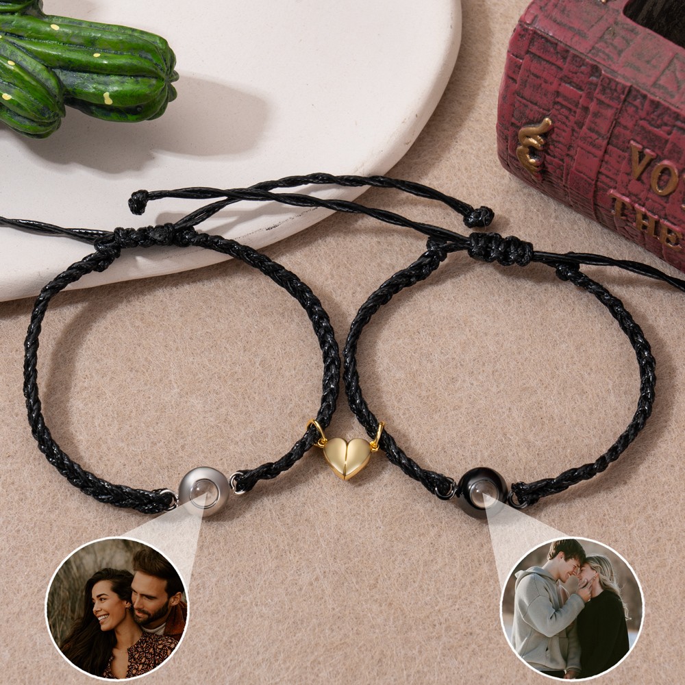 Personalised Bead Projection Rope Braided Bracelet With Picture Inside And Magnetic Charm Unique Gift For Couple 