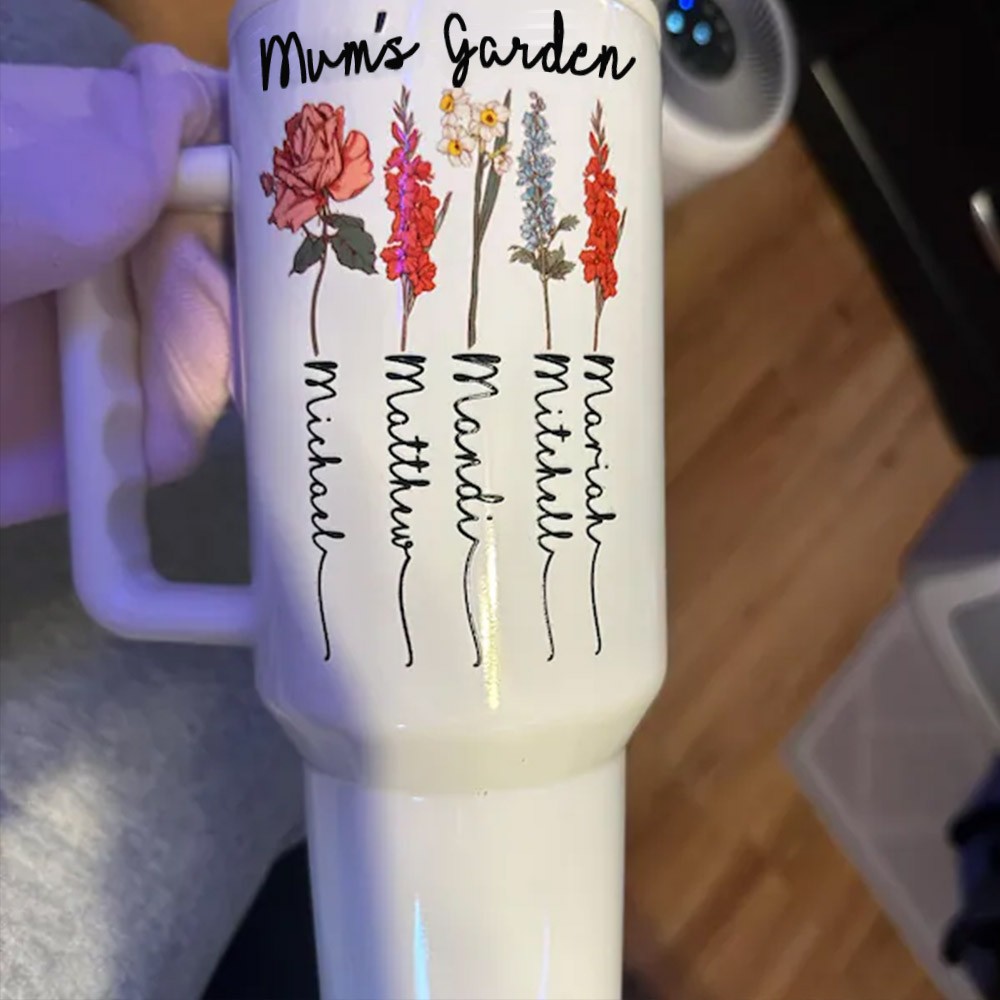 Custom Mum's Garden Birth Month Flower Tumbler with Kids Names Gifts for Mum Grandma New Mum Gift Unique Mother's Day Gift