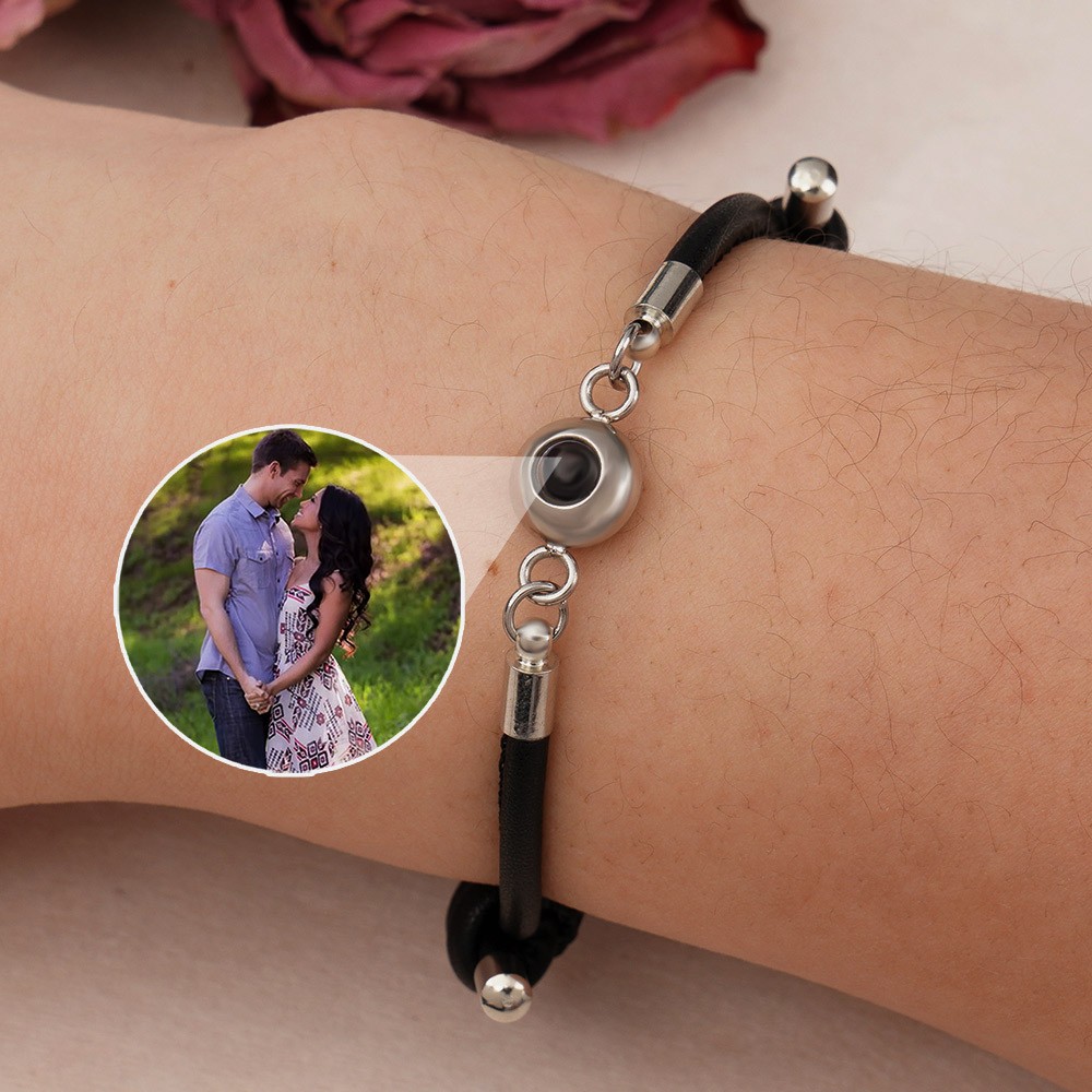 Personalised Photo Projection Leather Bead Bracelet Keepsake Gift For Girlfriend Anniversary Gift For Couple
