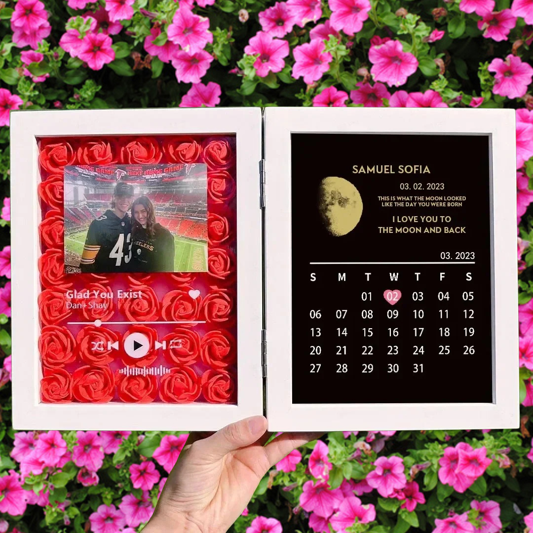 Personalised Flower Shadow Box With Moon Phase Calendar Gifts for Couples Unique Anniversary Gift Christmas Gift