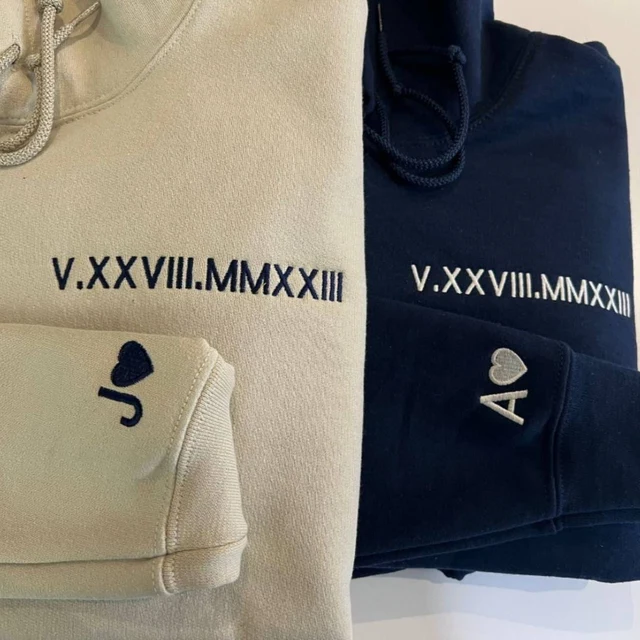 Personalised Embroidered Roman Numeral Hoodie Sweatshirt Meaningful Gift For Couple