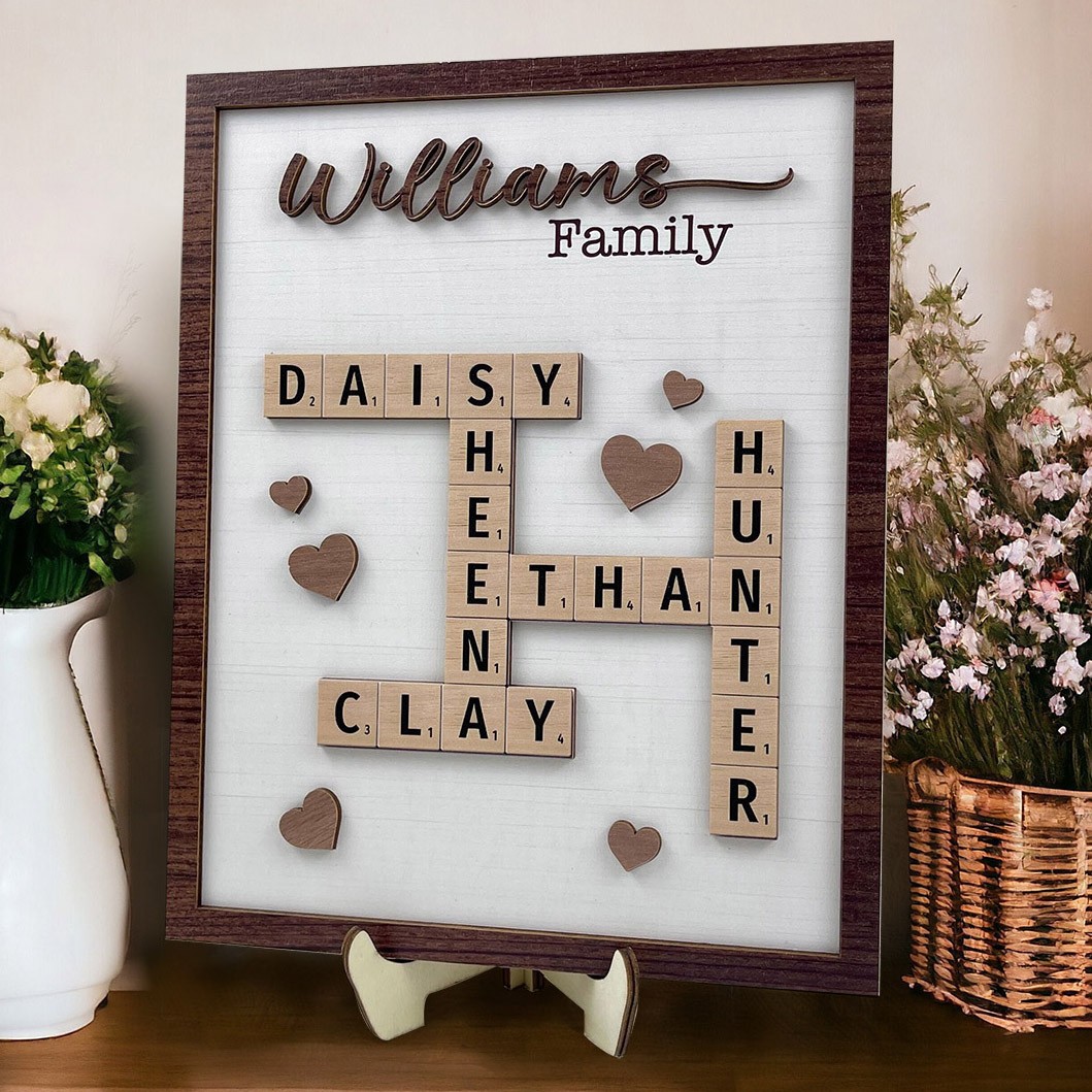 Personalised Scrabble Wooden Family Puzzle Sign with Kids Names New Mum Gift Unique Family Keepsake Gifts Mother's Day Gift