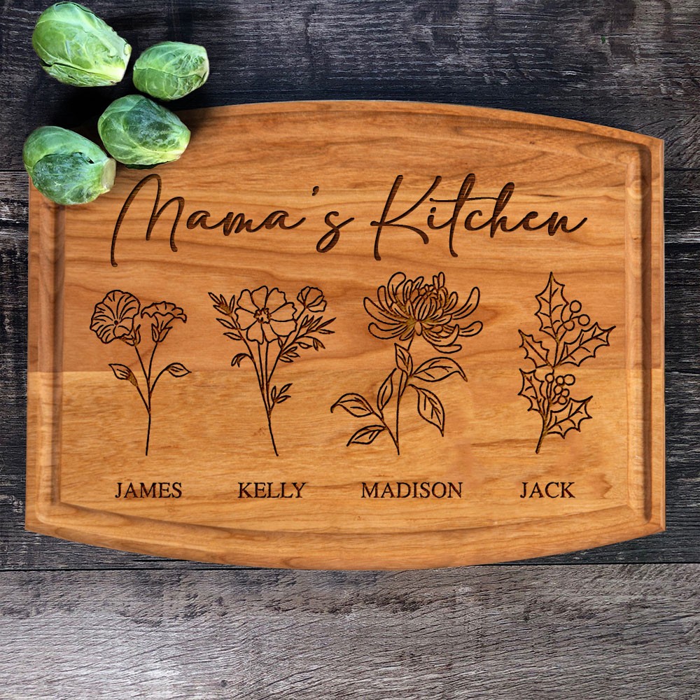 Custom Mama's Kitchen Birth Month Flower Cutting Board with Kids Names Gifts for Grandma Mum