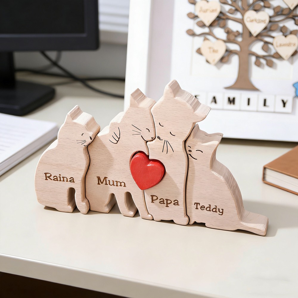 Custom Wooden 2-7 Cat Family Puzzles With Engraved Names Unique Family Gift New Mum Gift Mother's Day Gift