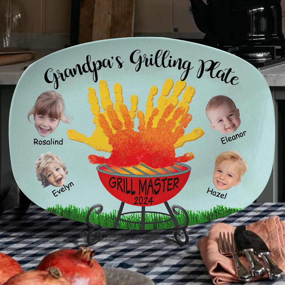 Personalised Grandpa's Grilling Plate with Kids Names and Photo Father's Day Gift