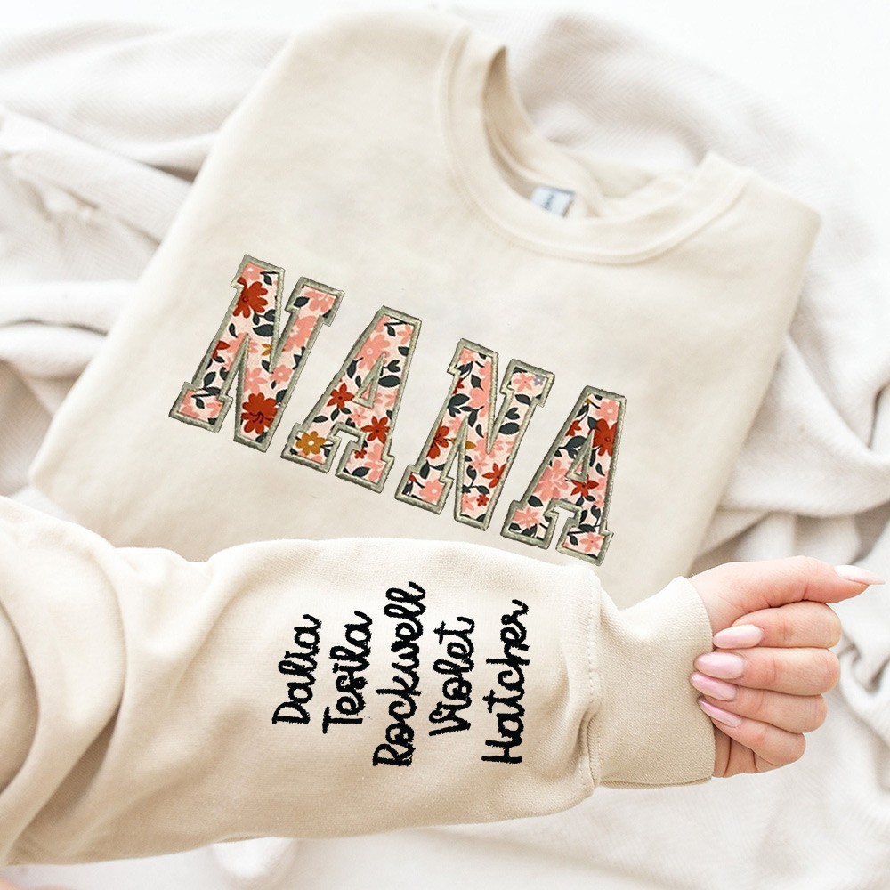 Custom Nana Embroidered Sweatshirt Hoodie with Kids Names On Sleeve Mother's Day Gift