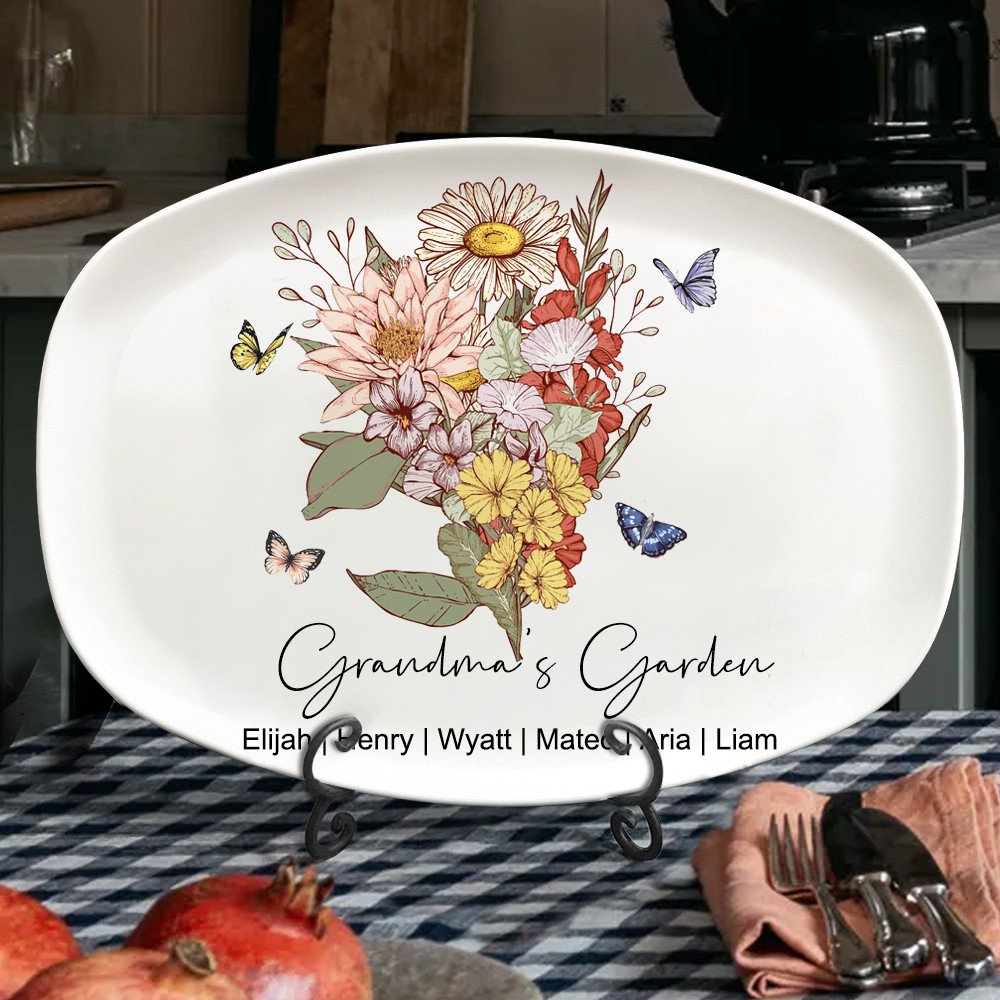 Custom Grandma's Garden Birth Flower Bouquet Plate With Grandkids Names Love Gifts For Grandma Mum Mother's Day Gift Ideas