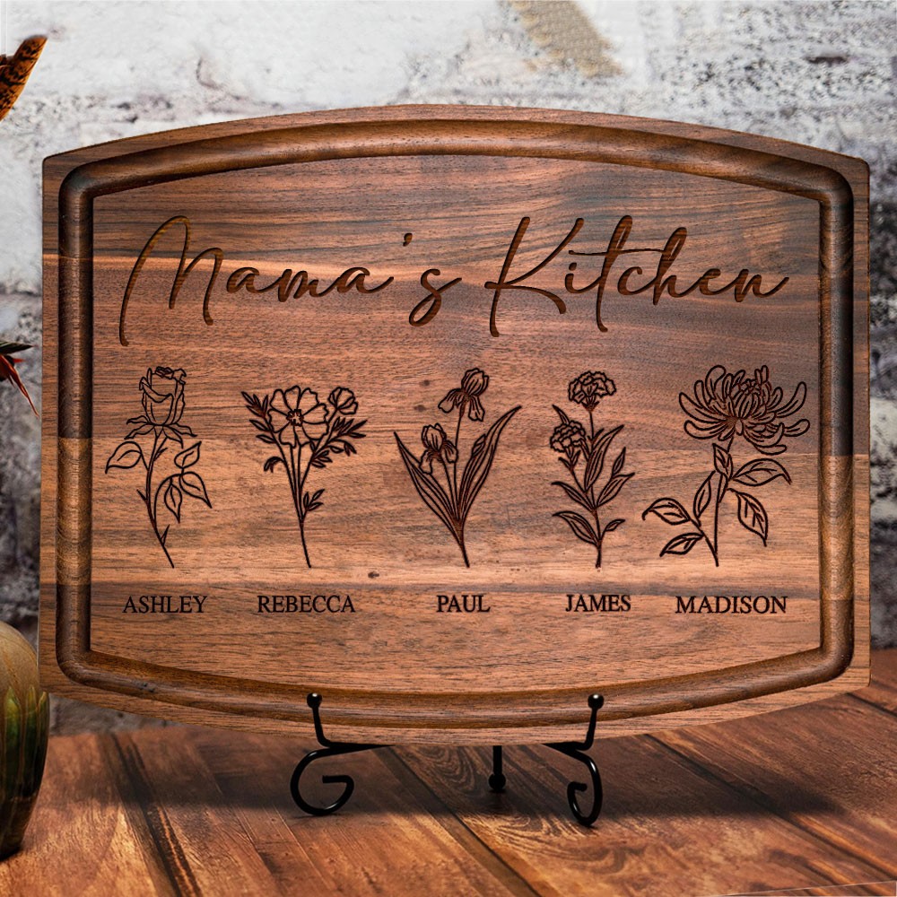 Custom Mama's Kitchen Birth Month Flower Cutting Board with Kids Names Family Gifts for Mum Grandma