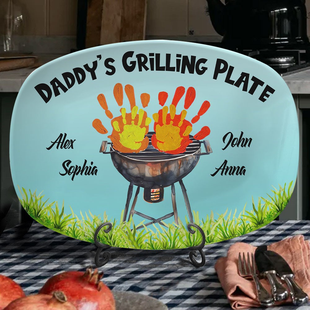 Personalised Art Print Handprint Daddy's Grilling Plate With Kids Names Father's Day Gifts