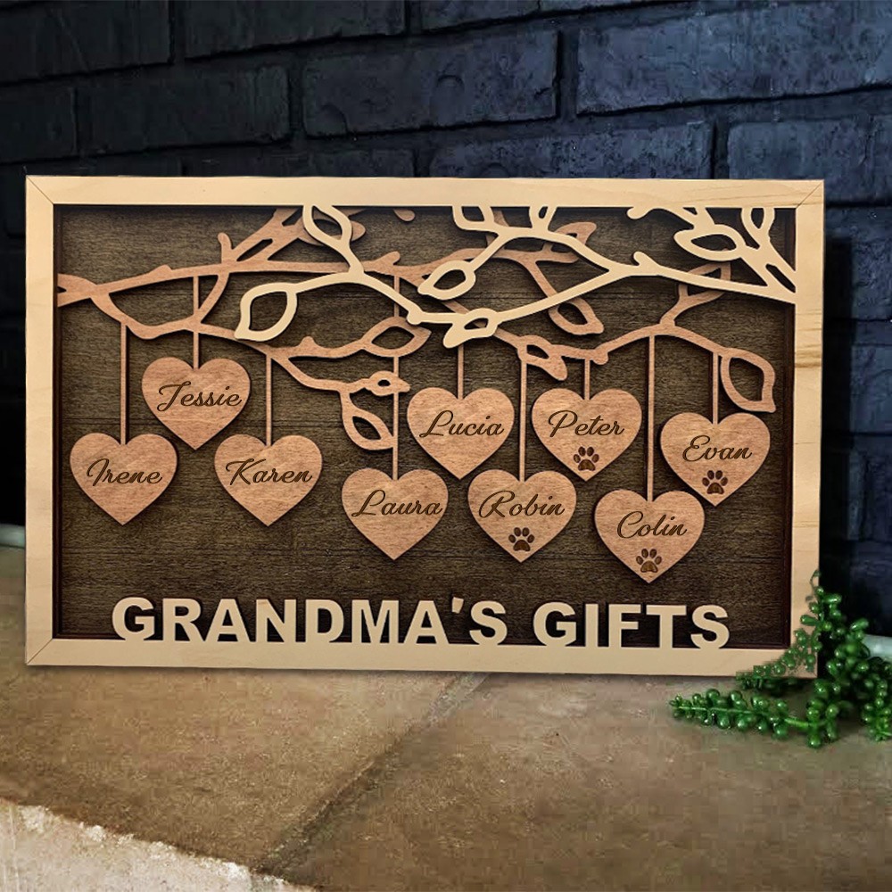 Personalised Engraved Wood Family Tree Sign with Grandkids Names for Grandma Gifts for Family Unique Christmas Gift