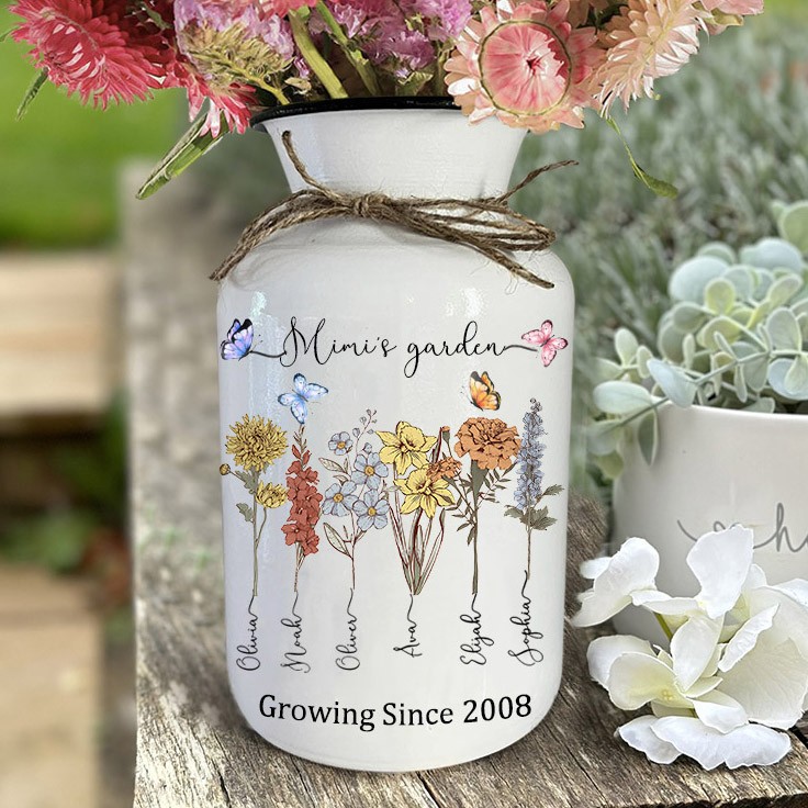 Custom Mimi's Garden Birth Flower Vase with Kids Names Gifts for Mum Grandma Mother's Day Gift Ideas