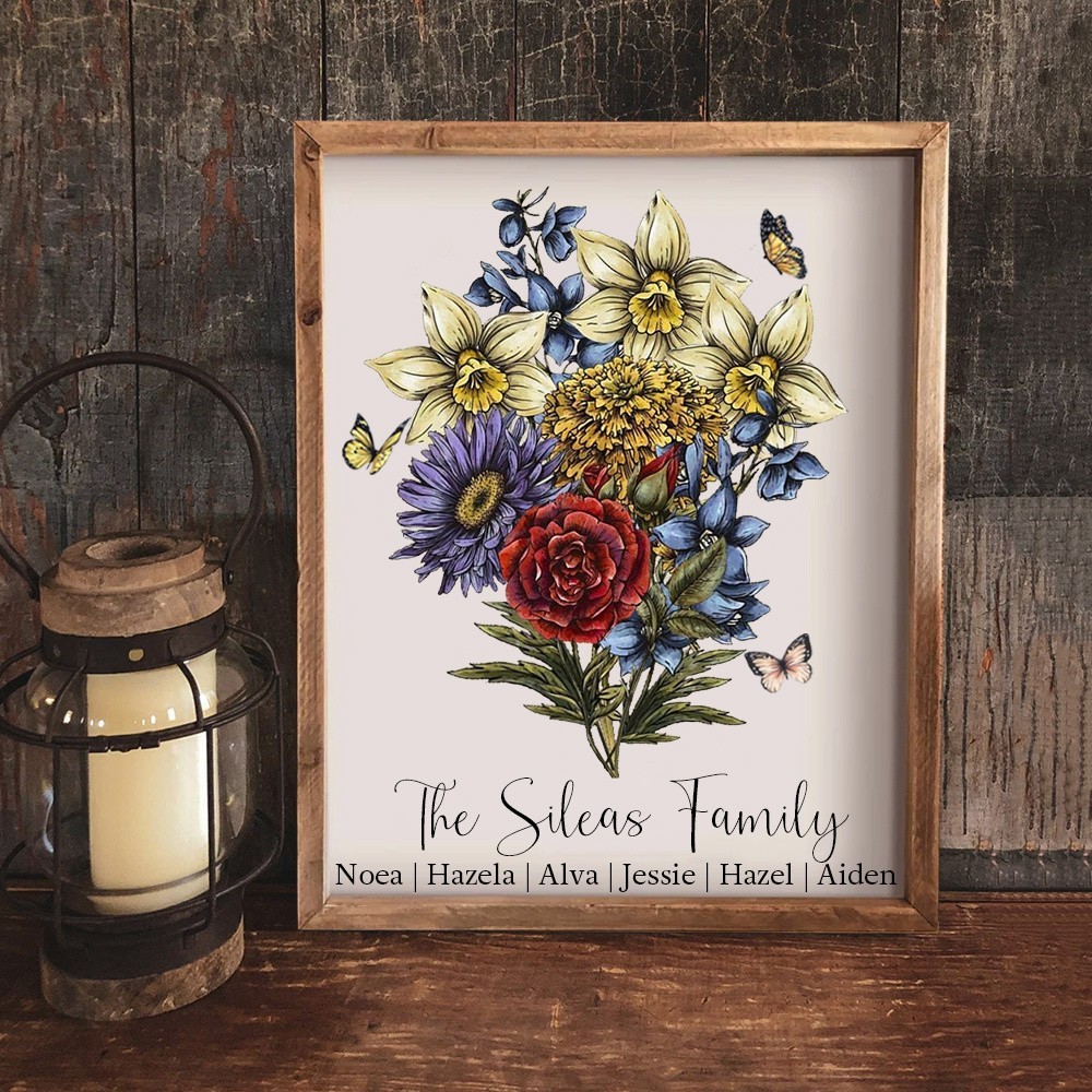 Personalised Birth Month Flower Family Bouquet Frame Sign with Kids Names for Mum Grandma Family Christmas Gift