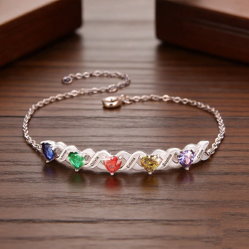 Custom 1-7 Heart Birthstones Bracelet With Engraved Name Personalised Family Birthstone Jewelry Mother's Day Gifts for Mum/Women/Wife/Sister