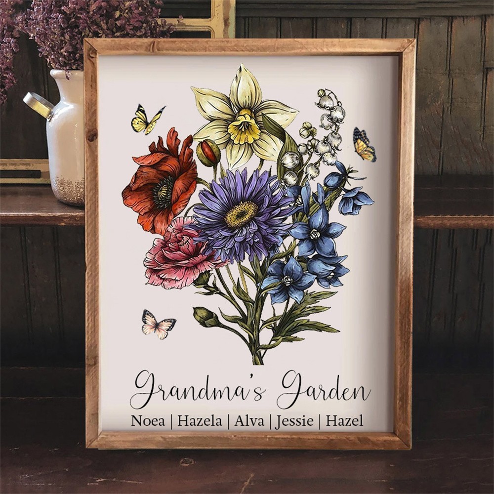 Personalised Grandma's Garden Birth Month Flower Bouquet Frame Sign with Kids Names Christmas Gifts for Grandma Mum