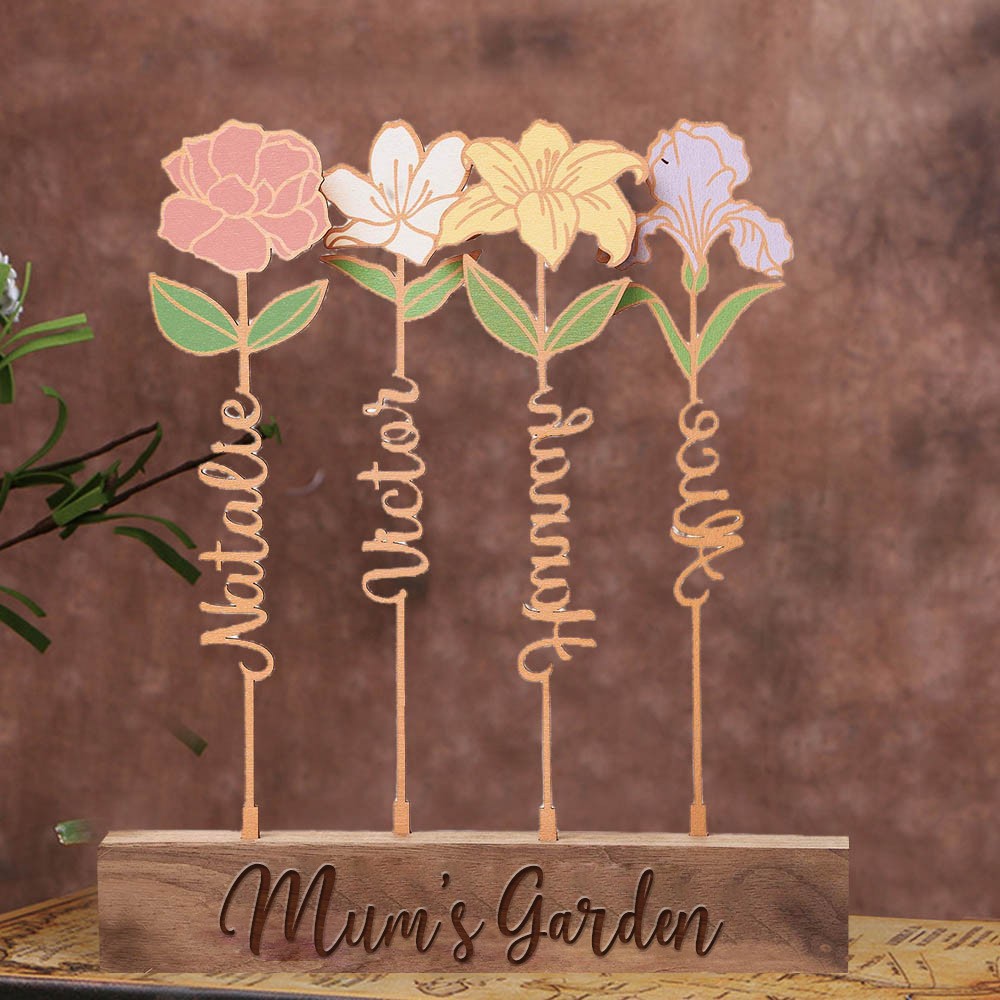 Wood Birth Flower Garden Custom Mum's Garden Sign with Kids Names Keepsake Gifts for Mum Christmas Gift