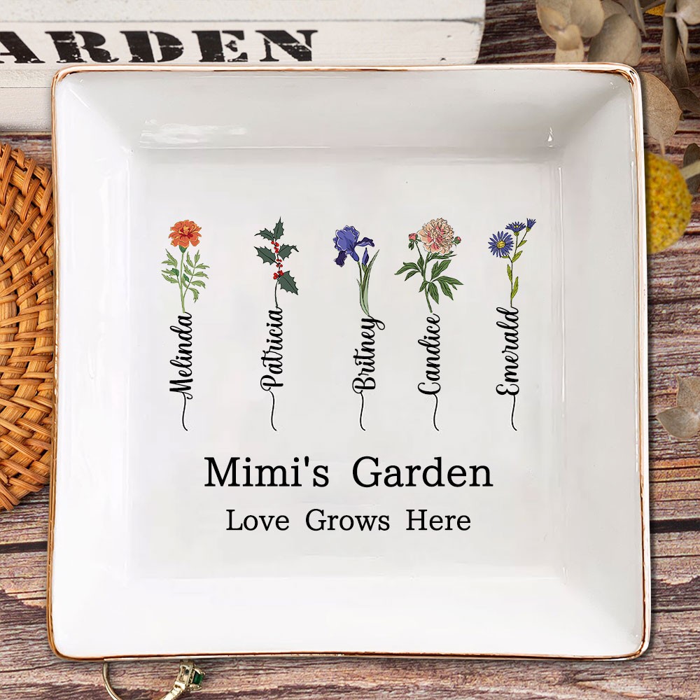 Personalised Mimi's Garden Birth Flower Jewellery Dish with Kids Names Christmas Gift for Mum Grandma