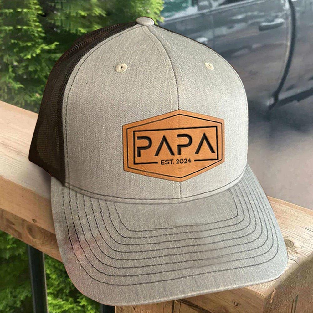 Personalised Papa Real Leather Patch Hat With Date Keepsake Gift for Dad New Papa Gift Ideas