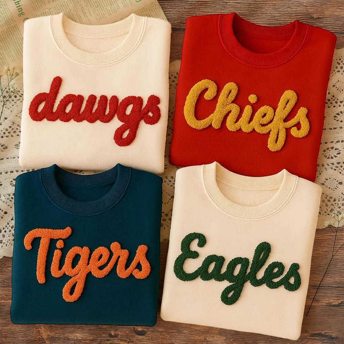Custom Chenille Embroidered Team Sport Sweatshirt with Game Day Fuzzy Letter Unique Gift for Game Day