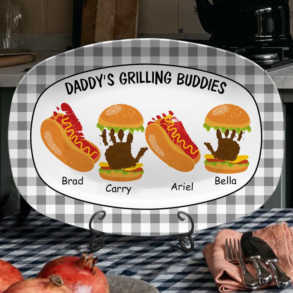 Personalised Art Print Daddy's Grilling Buddies Plate With Burger Handprint And Hot Dog Footprint Unique Father's Day Gift Ideas