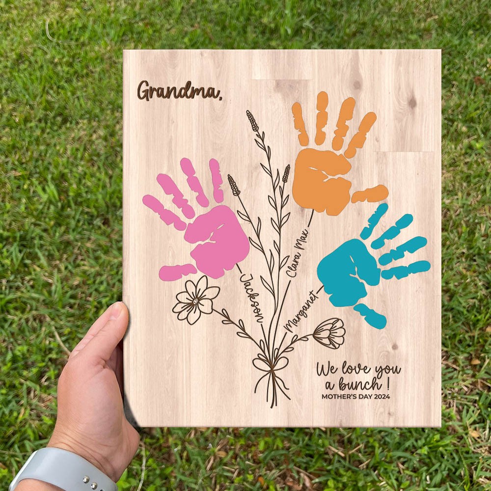 Custom Grandma Flower Bunch DIY Handprint Wooden Plaque Sign Unique Gift Ideas for Mum Grandma
