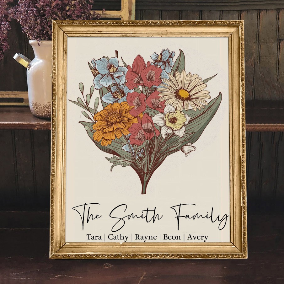 Personalised The Smith Family Birth Flower Bouquet Frame Unique Gifts for Mum Grandma Christmas Gifts