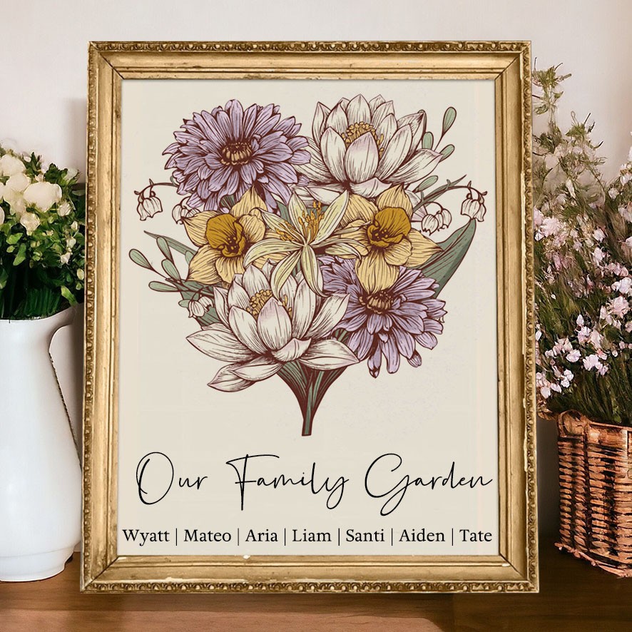 Custom Our Family Garden Birth Flower Bouquet Frame Keepsake Gifts for Mum Grandma Christmas Gifts