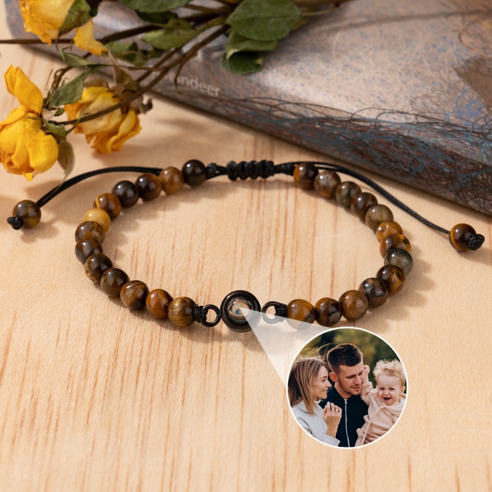 Custom Tiger's Eye Stone Beaded Photo Projection Bracelet with Picture Inside Family Keepsake Gifts Ideas