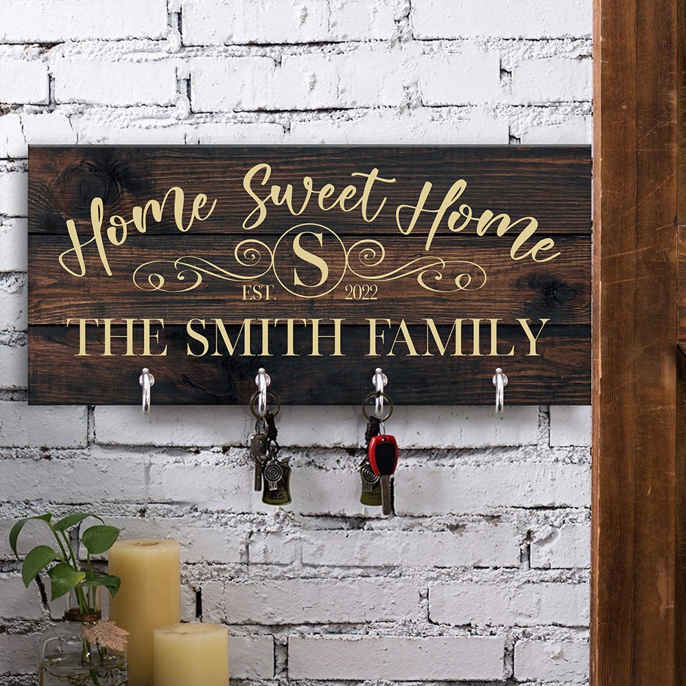 Personalised Engraved Wood Key Holder with Family Name For Wall Housewarming Gift for Couple Wedding Gift