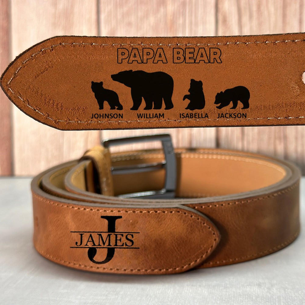 Personalised Papa Bear Leather Belt with Engraved Kids Names Father's Day Gift