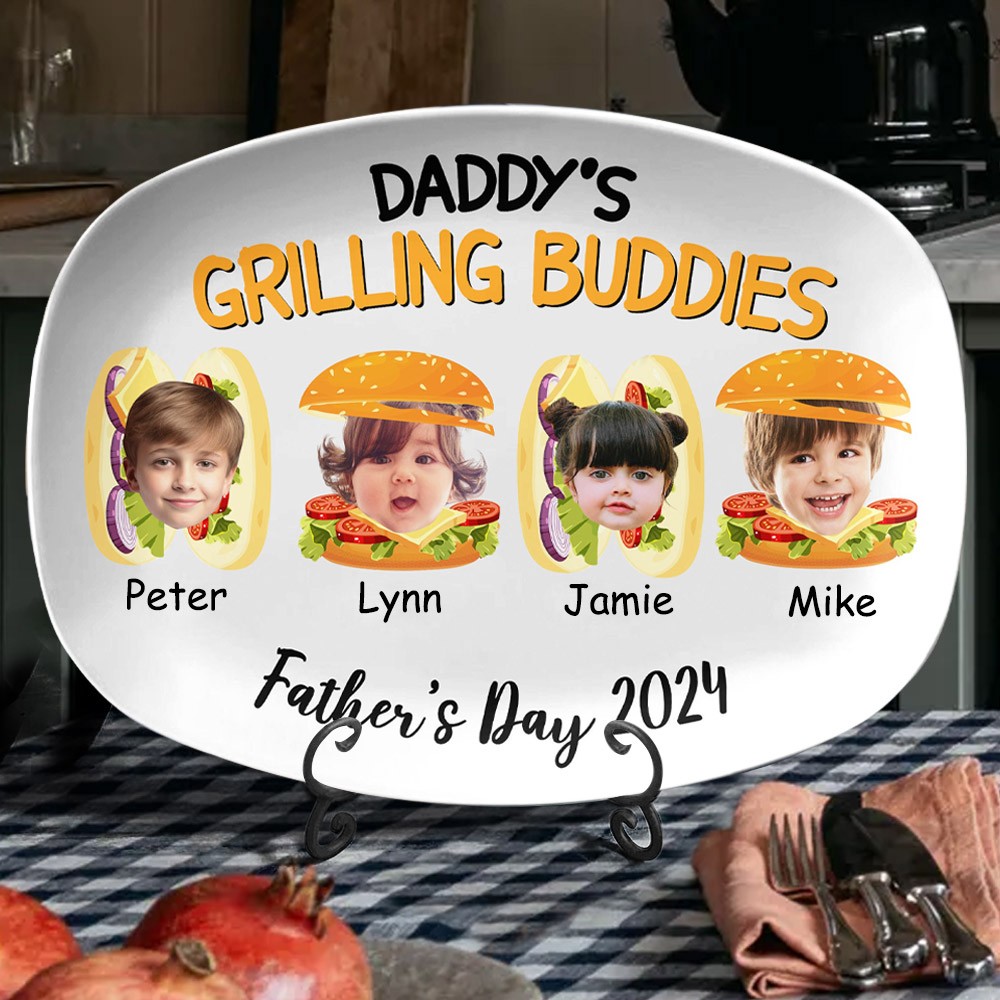 Daddy's Grilling Buddies Personalised Grilling Plate with Photo and Kids Name Funny Gifts for Dad Father's Day Gift
