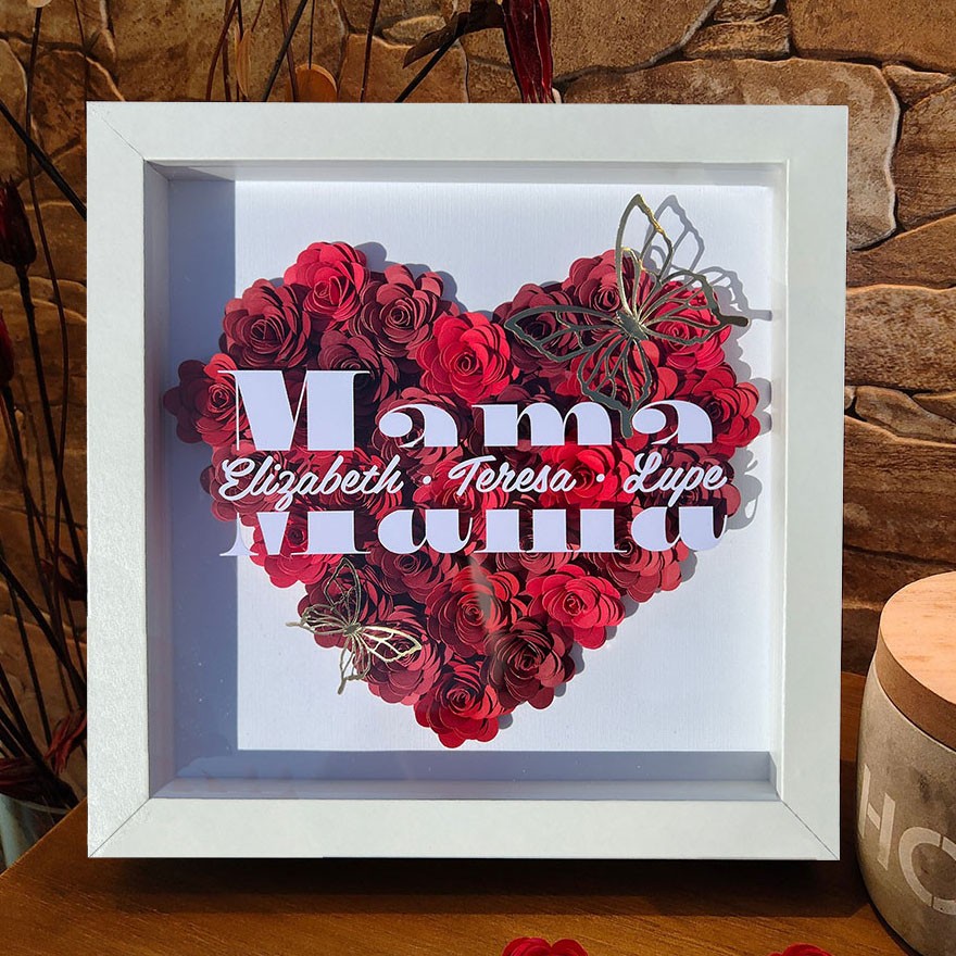 Personalised Butterfly Mama Heart Shaped Flower Shadow Box With Kids Names Keepsake Gift For Mum Grandma Christmas Gift Ideas