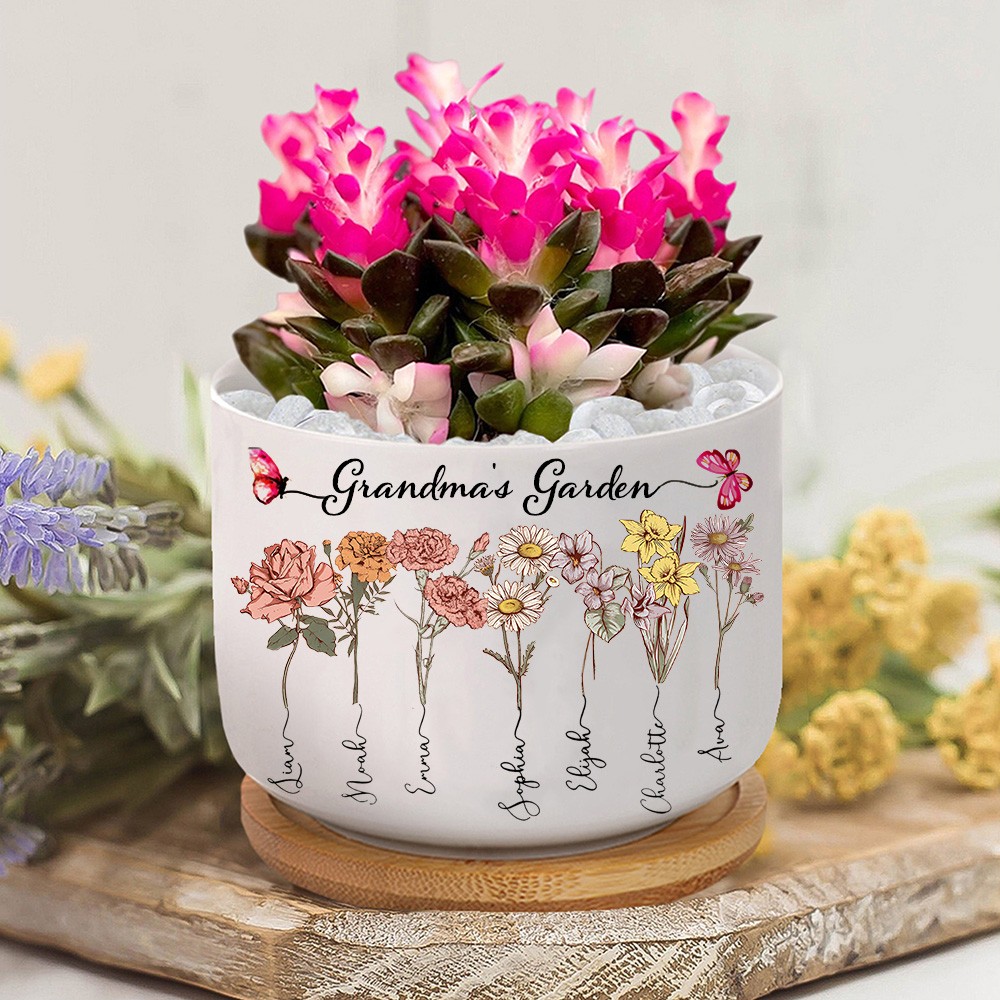 Personalised Grandma's Garden Birth Flower Succulent Plant Pot Family Keepsake Gift for Mum Grandma Mother's Day Gift Ideas